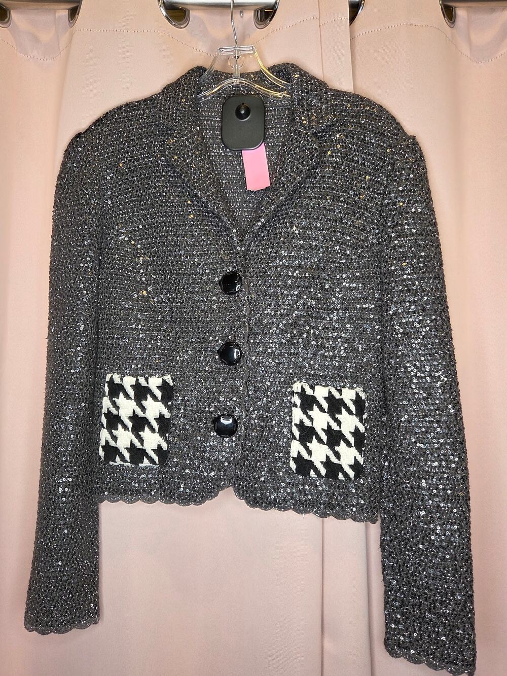 D&G Dolce & Gabbana Gray Sequin Tweed Crop Blazer Jacket Houndstooth Accent- Sm